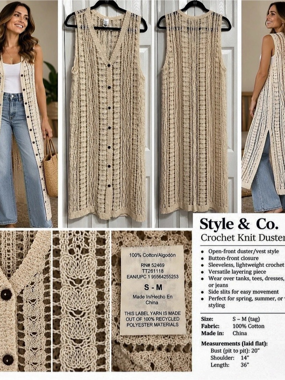 Style & Co. Crochet Knit Duster Vest. Crochet Duster fits like Med #176